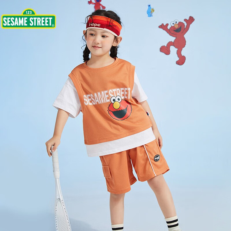 芝麻街夏季儿童速干套装2024新款洋气男女童夏季儿童短袖童装衣服 橘色 120cm