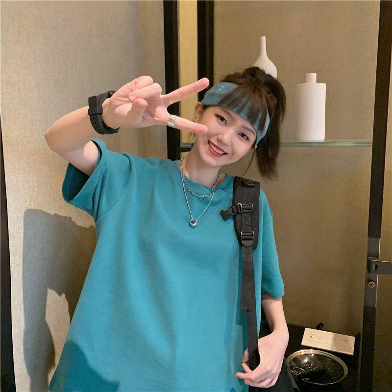 贝吉棋棉花2021年新款圆领宽松短袖t恤女夏半袖上衣打底衫 湖水绿 m