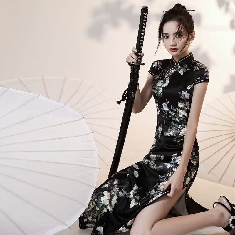 三彩马法式旗袍年气质复古中国风长款改良版年轻款少女连衣裙夏 黑色5007 M 建议95-105斤属于什么档次？