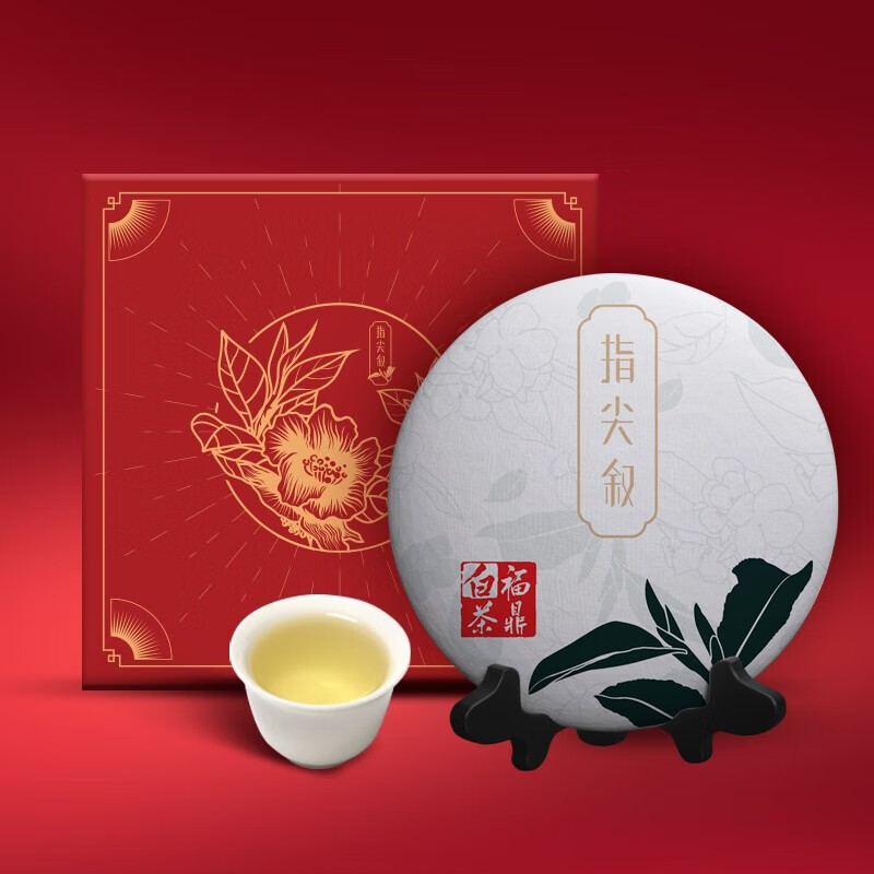 指尖叙 福鼎白茶 高山老白茶 陈年老寿眉茶饼 2018年红色礼盒300g*1盒