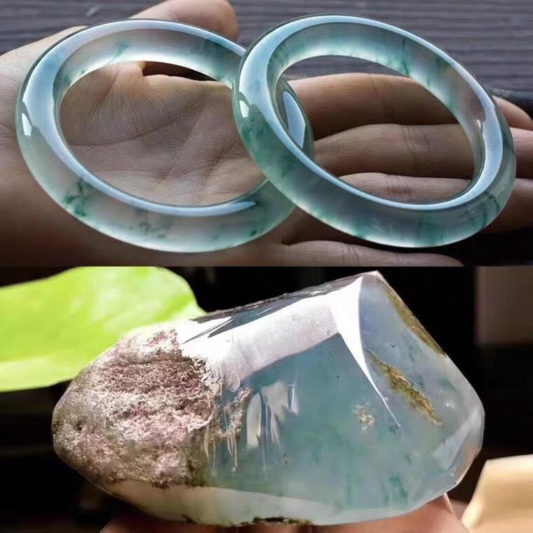 永红旺翡翠手镯女缅甸老坑玻璃种蓝水冰种飘花玉镯贵妃镯 53号