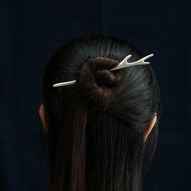 千宝莱s925银鹿角发簪女古风高级感汉服现代简约素银簪子一字簪 鹿角