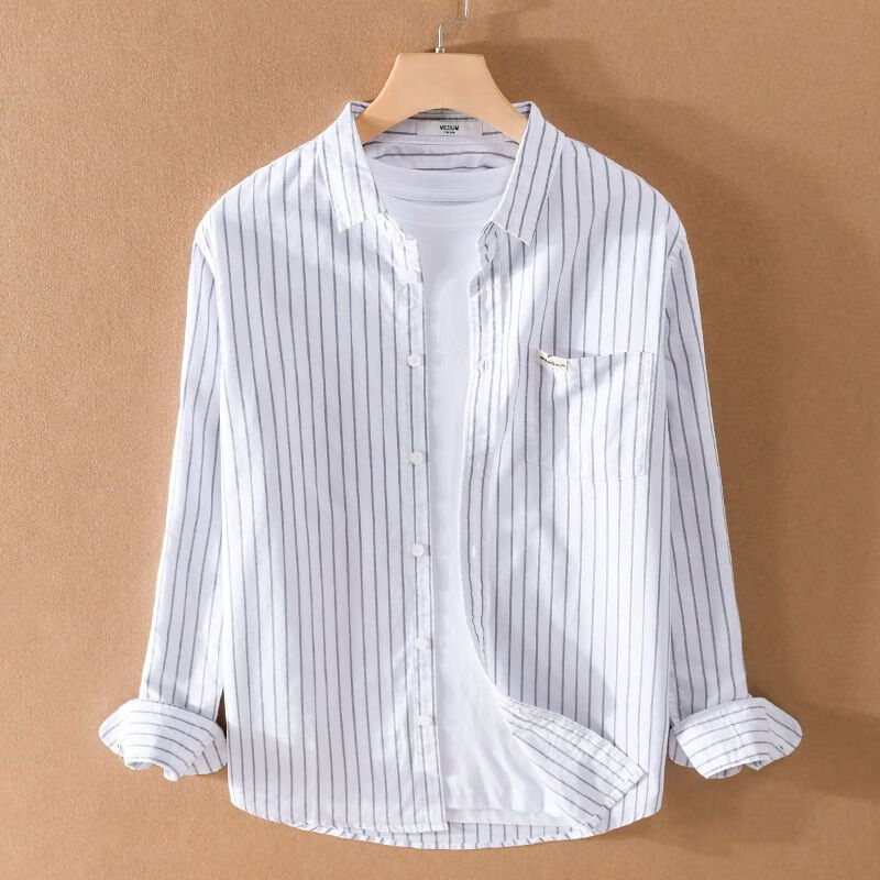 男士条纹色衬衫古巴领条纹长袖休闲简约宽松百搭流行时尚文艺 白色 m