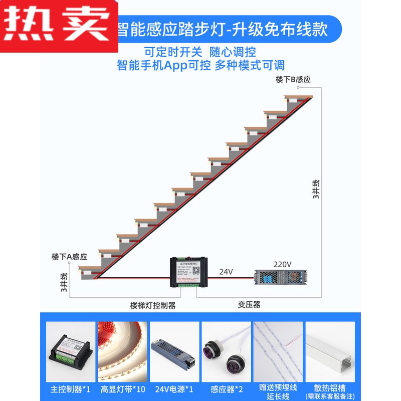 德国进口品质智能感应楼梯灯带踏步家用网红免布线台阶长灯别墅复式楼