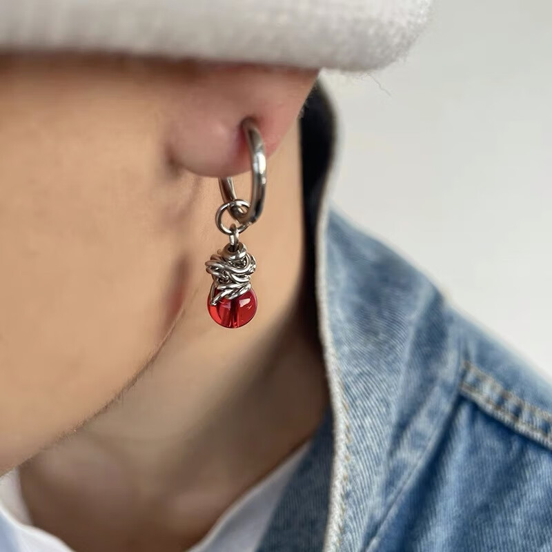 佩曼古风耳环新中式红珠吊坠耳环男少数民族风耳饰耳夹复古潮流小众古