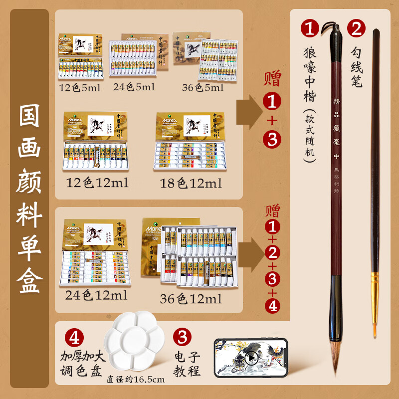 学生儿童入门材料工笔画24色专业箱水墨画 国画颜料【 狼嚎中楷毛笔
