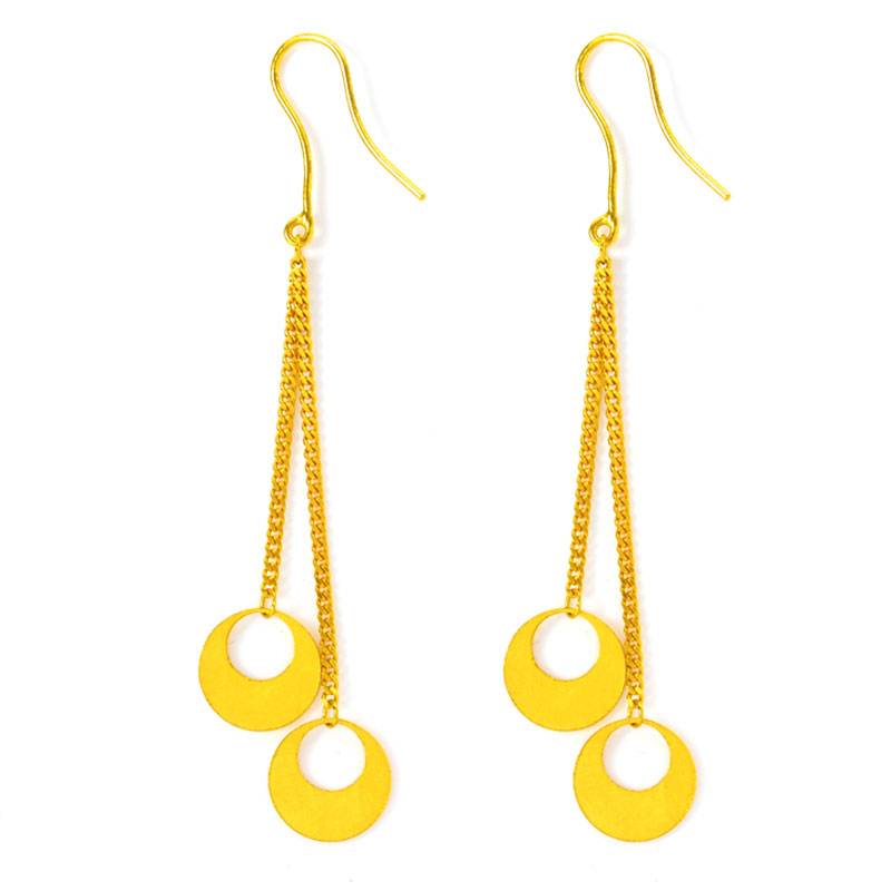 匠蕴黄金耳钉女999足金月牙长款流苏线条圆牌耳坠气质送礼 一对价 金