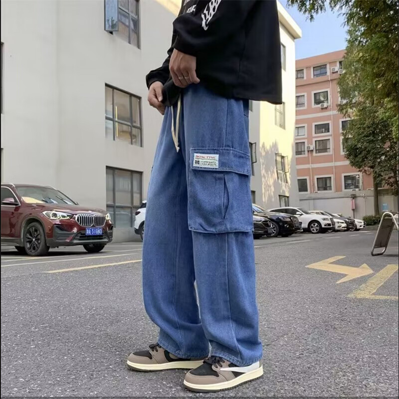 零虹牛仔裤男美式高街水洗机能风大口袋工装裤子男春秋新款宽松直筒