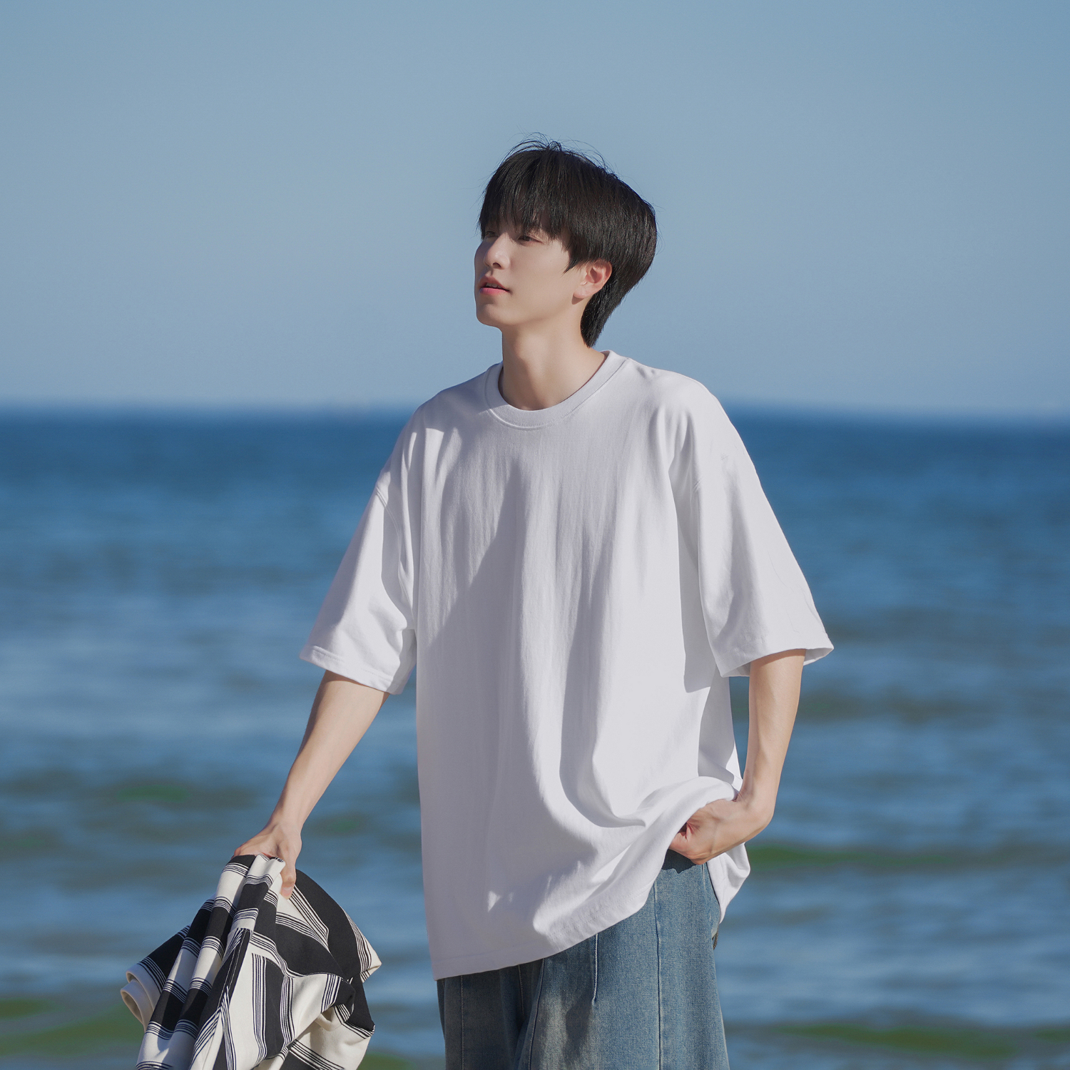 俞兆林180g短袖男夏季纯白棉质圆领T恤薄款宽松打底衫潮流休闲上衣