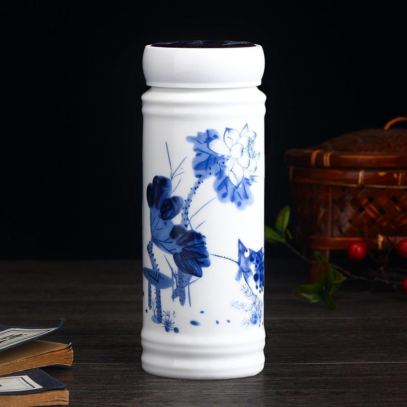 景德镇陶瓷杯子双层陶瓷内胆保温水杯青花瓷茶杯情侣办公礼品杯子