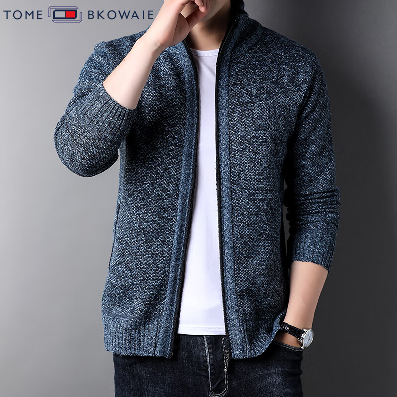 汤米芙兰可加绒加厚针织外套男2025年秋冬新款商务休闲保暖宽松毛衣开衫 兰色加绒 M (165)(建议100-120斤)