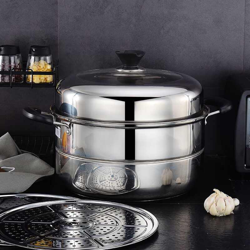 圣比莱304不锈钢蒸锅大号34 36 38 40cm加厚家用汤锅双三层四层商用