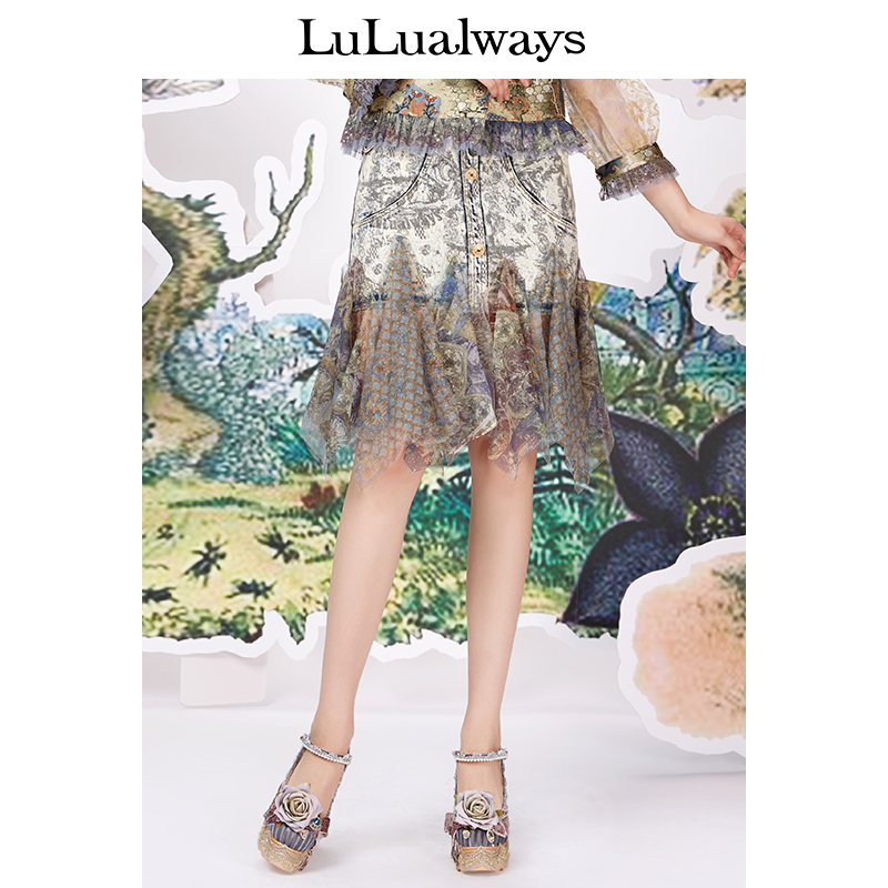 LULUALWAYS/我爱露露春季新款牛仔拼接蕾丝包臀鱼尾裙 蓝色 155/60A/S