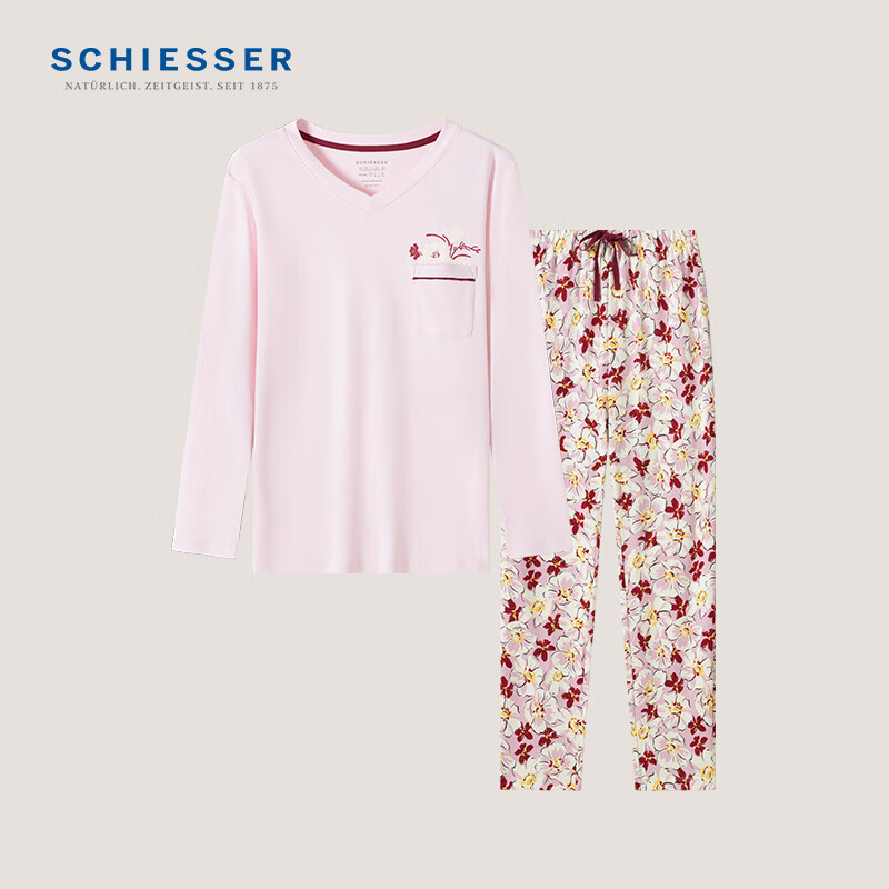 舒雅（Schiesser）女士V领纯棉亲肤透气长袖长裤睡衣家居服套装E1/23234H 粉红 XL