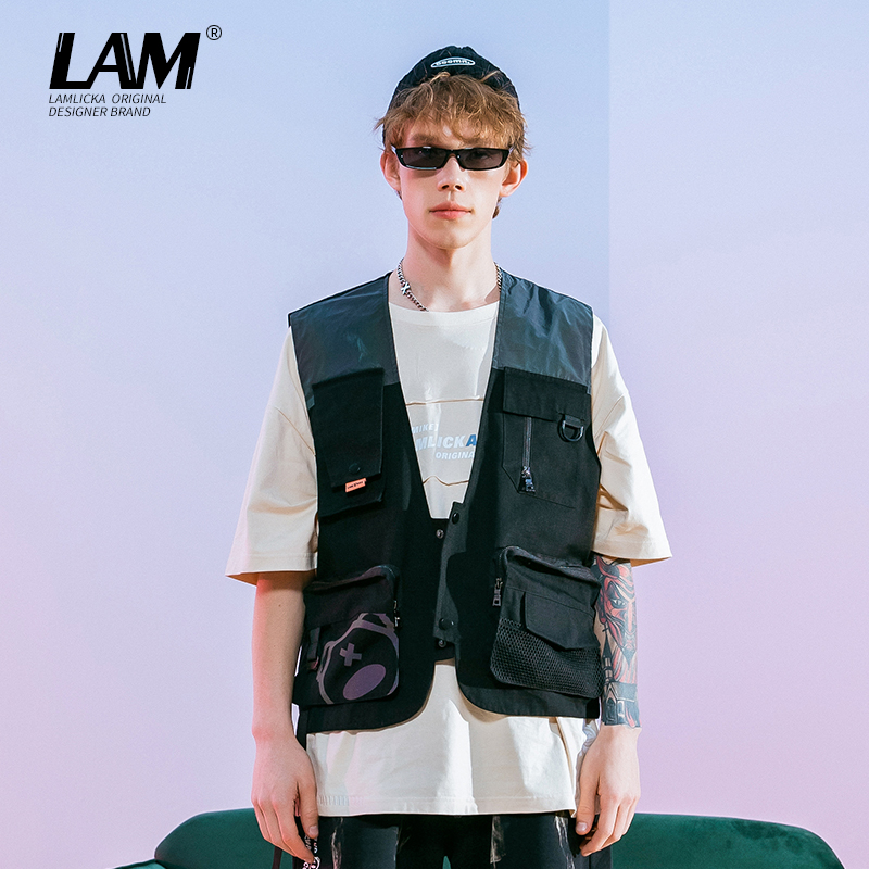 lamlicka小恶魔反光标无袖机能马夹男潮牌ins多口袋工装休闲背心嘻哈