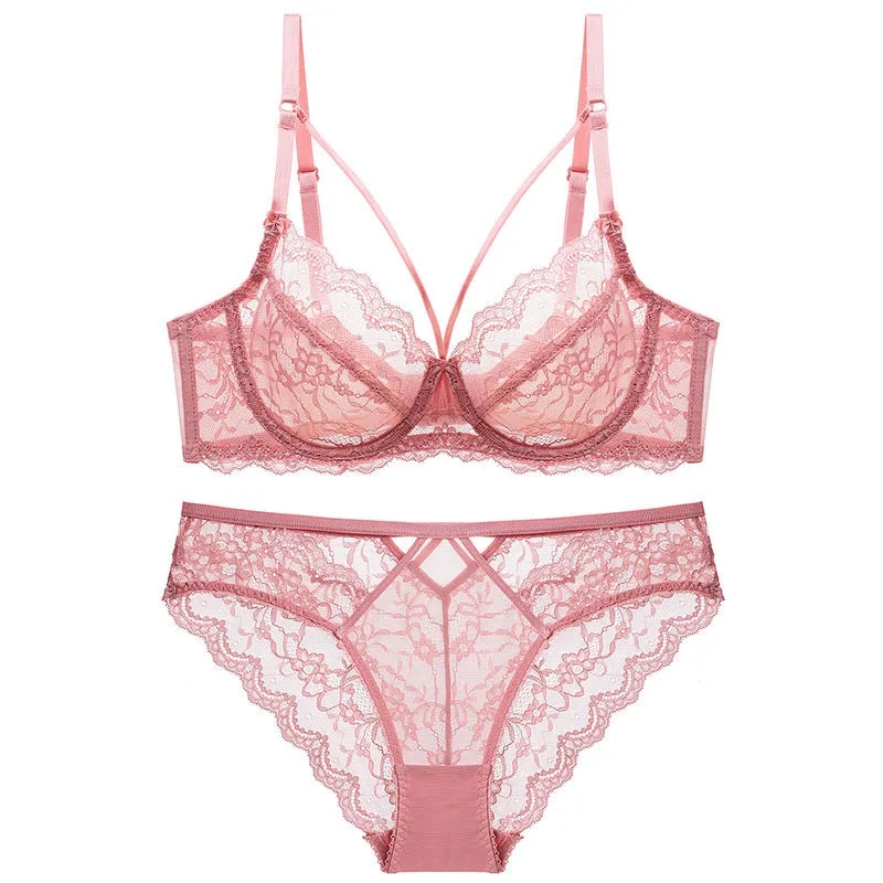 笙冉雷丝内衣透明性感胸罩法式文胸套装粉色蕾丝聚拢薄款透明大码