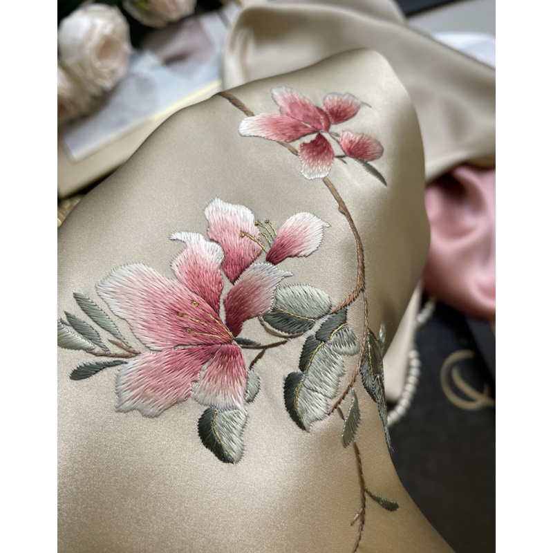 希伯帝奥品牌杜鹃花中国风真丝刺绣围巾女桑蚕丝旗袍苏绣花礼品丝巾