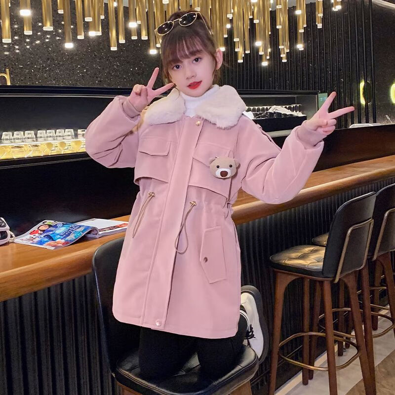 萦娪女童秋冬派克服大童外套女13一15岁女孩冬装加绒加厚小熊皮大衣