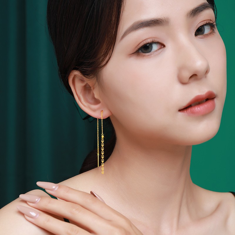 倾爱 999足金耳线长款黄金耳环麦穗流苏耳饰送女友生日礼物 凤尾花