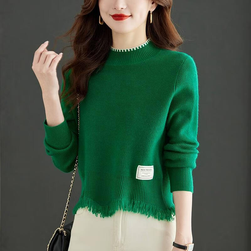 歌米拉（Gemila）半高领毛衣女短款秋冬新款时尚高腰流苏上衣针织打底衫 绿色 L 110-120斤