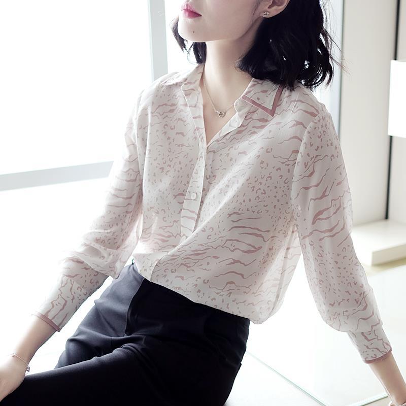 高档粉色豹纹真丝衬衣2022装新款蚕丝上衣时尚百搭女士衬衫长袖春夏 m