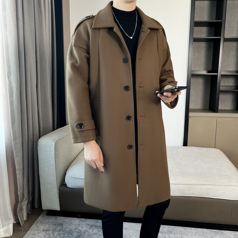 列迅秋冬季毛呢大衣男士中长款青年军绿色风衣英伦风潮流宽松呢子外套 军绿色 M