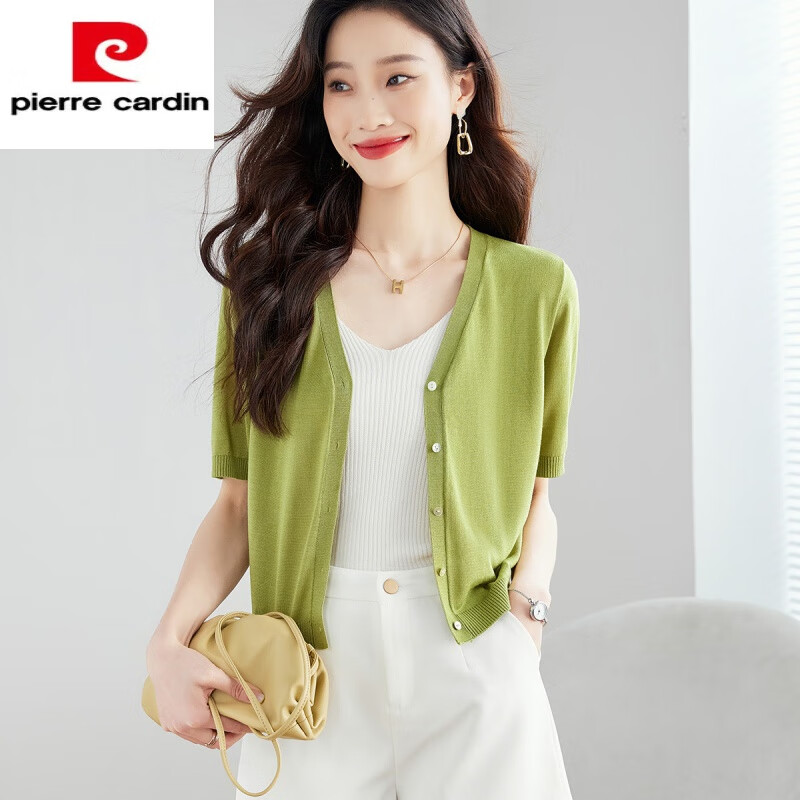 皮爾卡丹（pierre cardin）冰絲針織開(kāi)衫女夏季防|曬外搭短款披肩外套2025新款短袖薄款空調(diào) 淺綠色 XL