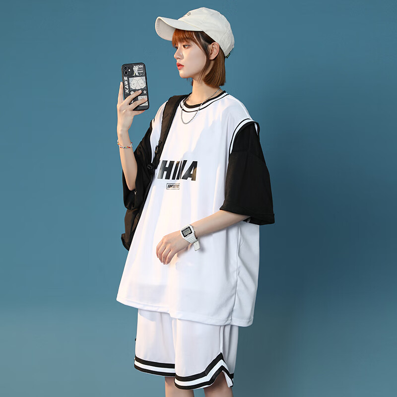 图扑假两件套装上衣美式篮球衣女运动短袖短裤 白色 m