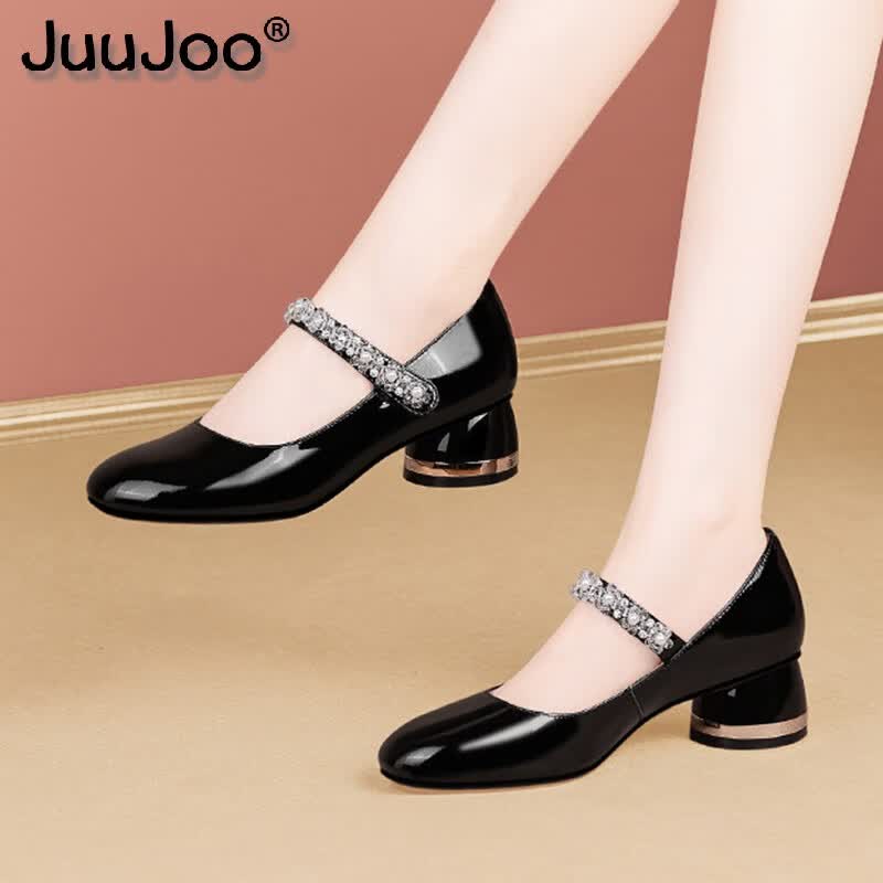 juujoo品牌2022秋季新款一字带玛丽珍鞋女水钻浅口真皮女鞋子漆皮英伦
