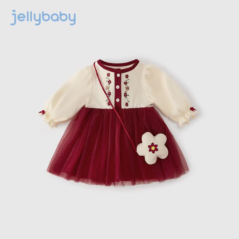 JELLYBABY儿童裙子春秋宝宝秋装女孩网纱公主裙女童连衣裙2023新款 酒红 100CM高性价比高么？