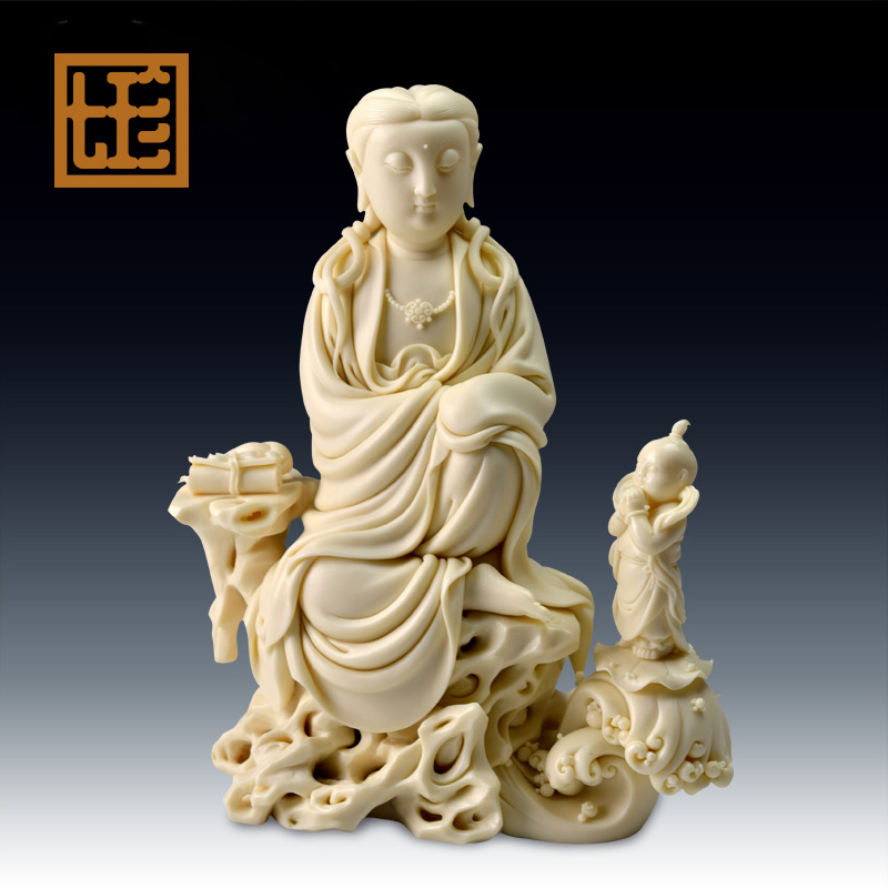七珍 陶瓷摆件《玉黄瓷童子拜观音像》林建胜佛像工艺 家居装饰品 d03