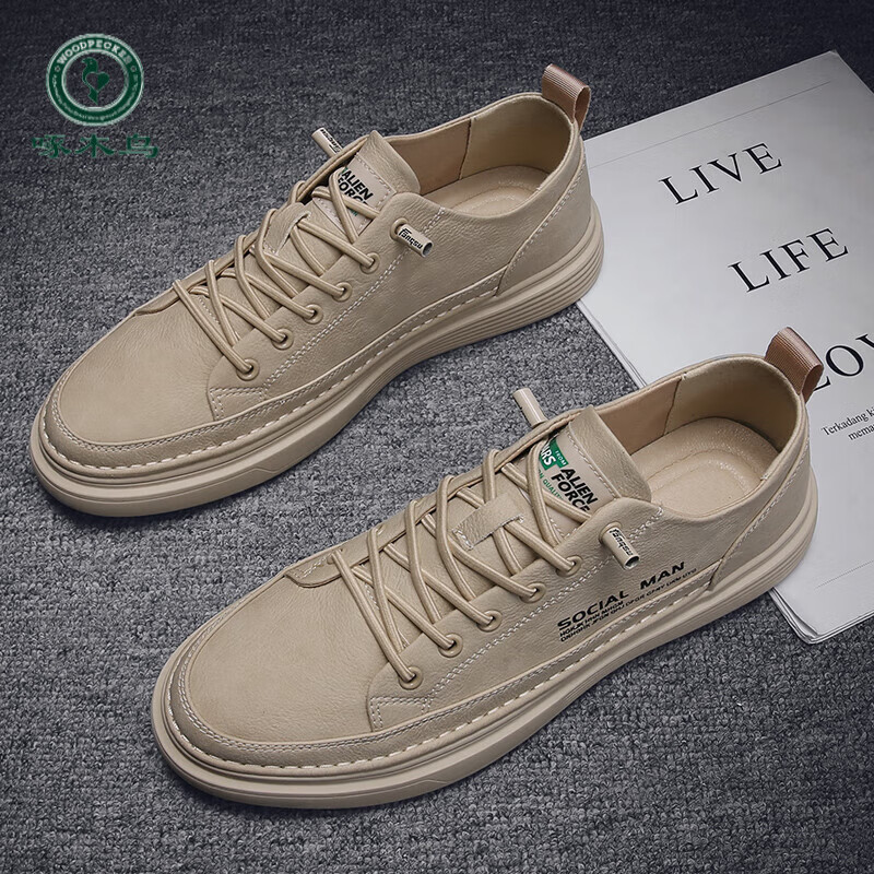 啄木鸟男鞋秋季透气潮流百搭板鞋男士休闲皮鞋上班工作防水防滑鞋子潮