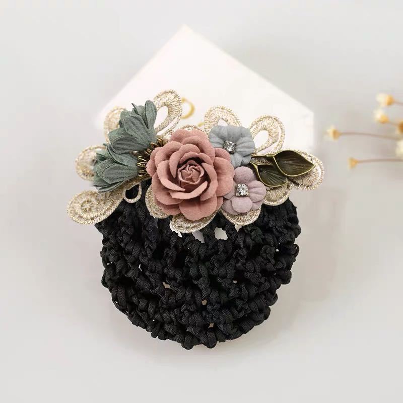 曲美思日韩发饰复古花朵职业发网头花网兜饰品盘发上班发夹成人可拆卸