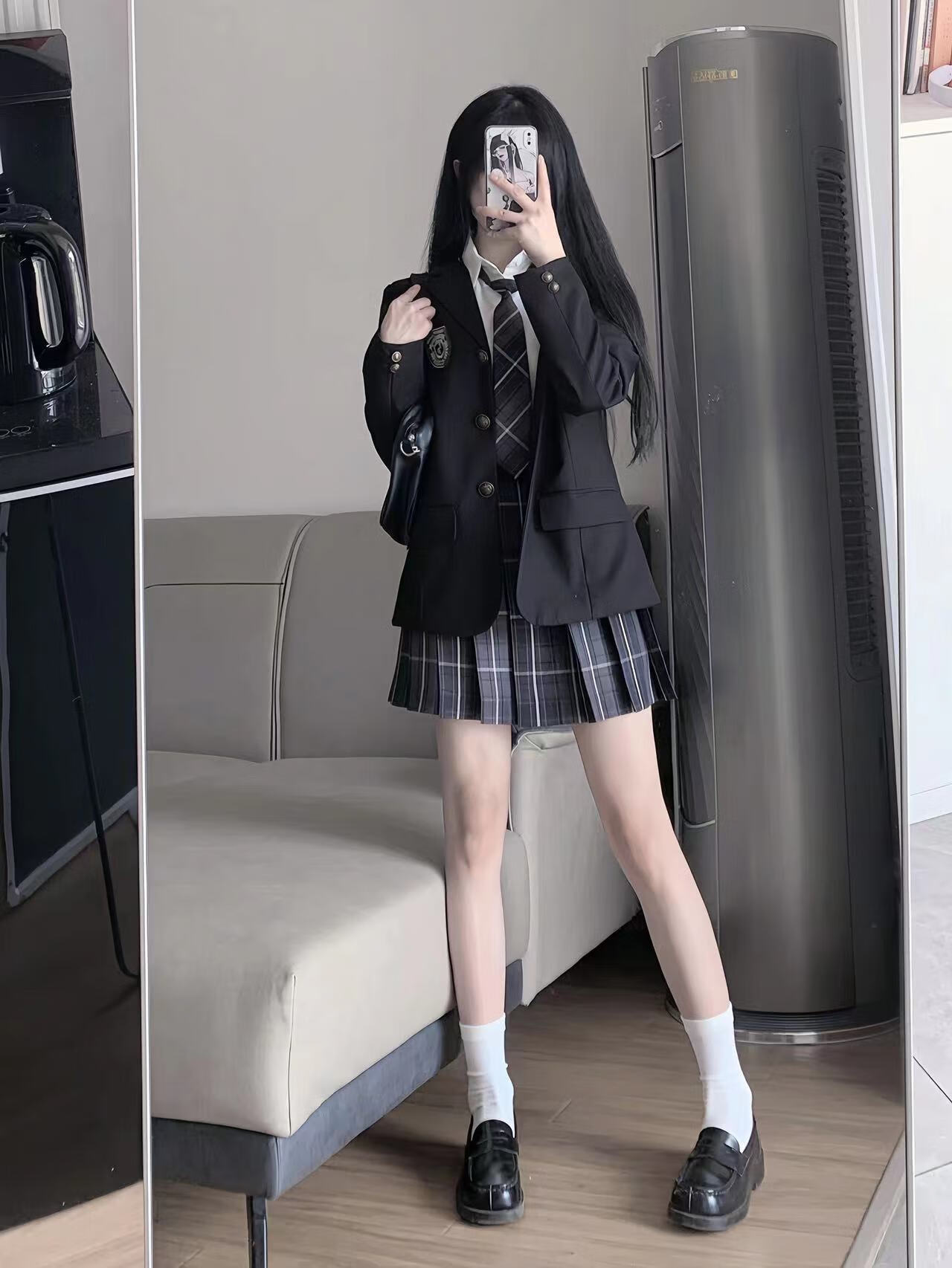 生学生礼服jk制服裙西装外套校供 三粒扣黑色西装 白色长袖衬衫 烟 xs