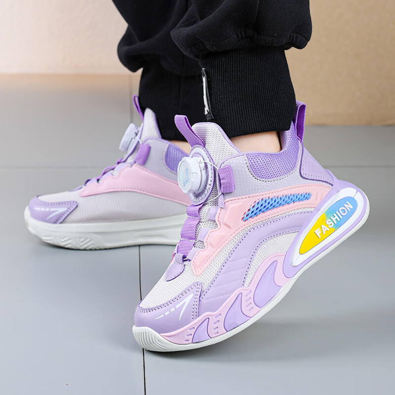 贝天熊男童鞋子秋冬加绒新款女童旋转纽扣透气革面儿童运动鞋儿童跑步鞋 BK111紫色【网面透气】 33 内长20.8/脚19.8