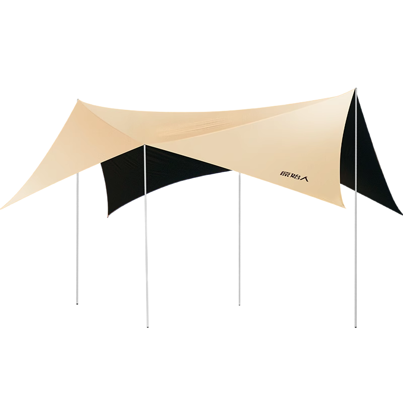 原始人四桿黑膠天幕帳篷戶外大號(hào)露營裝備全套野營野餐防曬遮陽棚套裝 20平四桿搭建【奶油咖】2.6M高桿