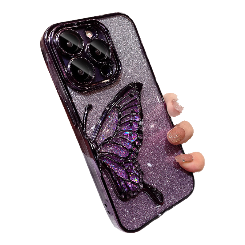 虎克船長 流沙蝴蝶適用iphone15手機(jī)殼蘋果16pro保護(hù)套14promax透明高級感13pro帶鏡頭膜全包防摔輕奢女款 【暗夜紫-帶閃粉】流沙蝴蝶-帶鏡頭膜-配鋼化膜 iPhone 16 Pro