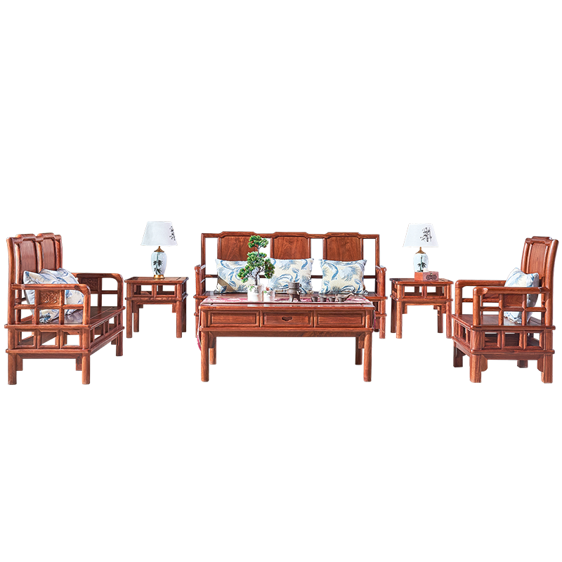 正荣府 红木家具非洲花梨(学名:刺猬紫檀)实木沙发 新中式仿古带坐垫客厅整装沙发组合套装 沙发六件套(113+大平几+2边几)