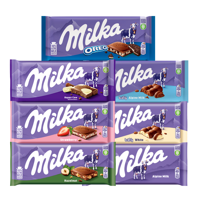 妙卡欧洲进口Milka因卡普牛奶夹心巧克力妙卡纯正丝滑美味饼干碎排块 随机不重复10块(或备注)