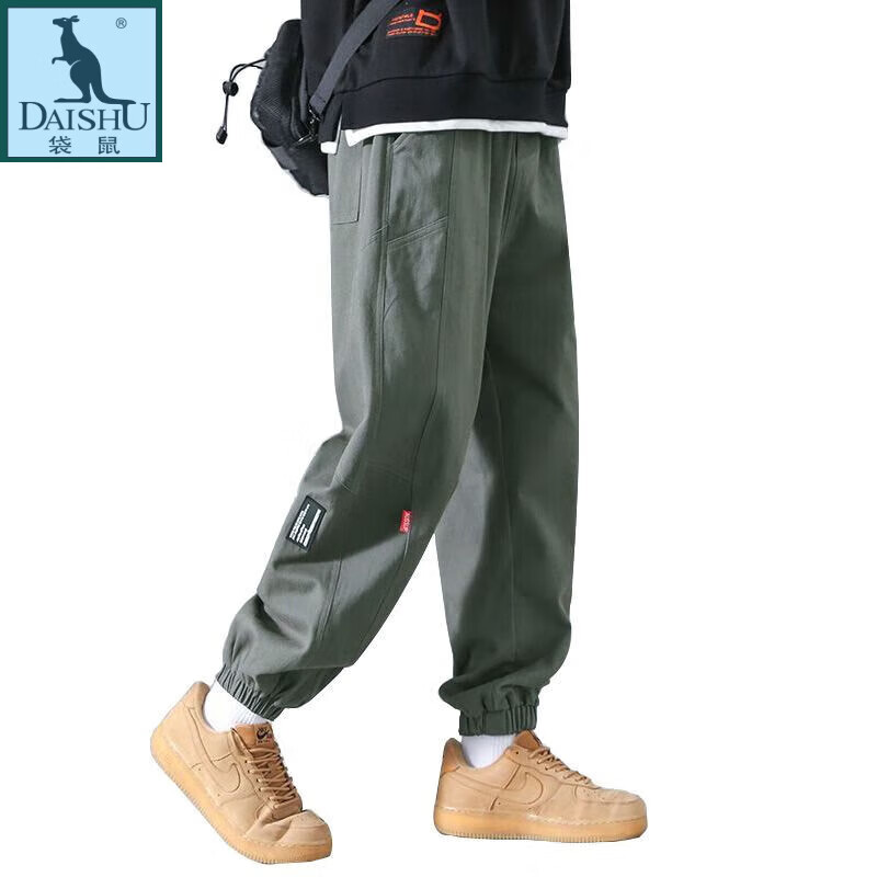 袋鼠 纯棉束脚工装裤子男款秋季潮牌痞帅日系宽松大码男生休闲裤 军