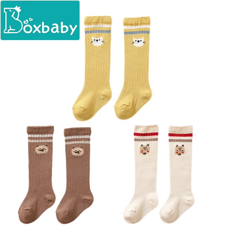 boxbaby婴儿中筒袜春秋棉袜子新生儿宝宝袜高筒袜婴幼儿长袜松口不勒腿 男宝3双装（大象 小熊 狐狸） S码（推荐0-1岁）