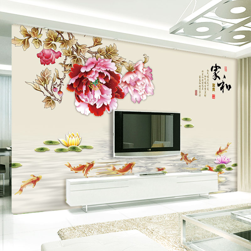 壁画荷花墙布影视墙凹凸壁布浮雕丝绸布画 《牡丹富贵》555406 18d