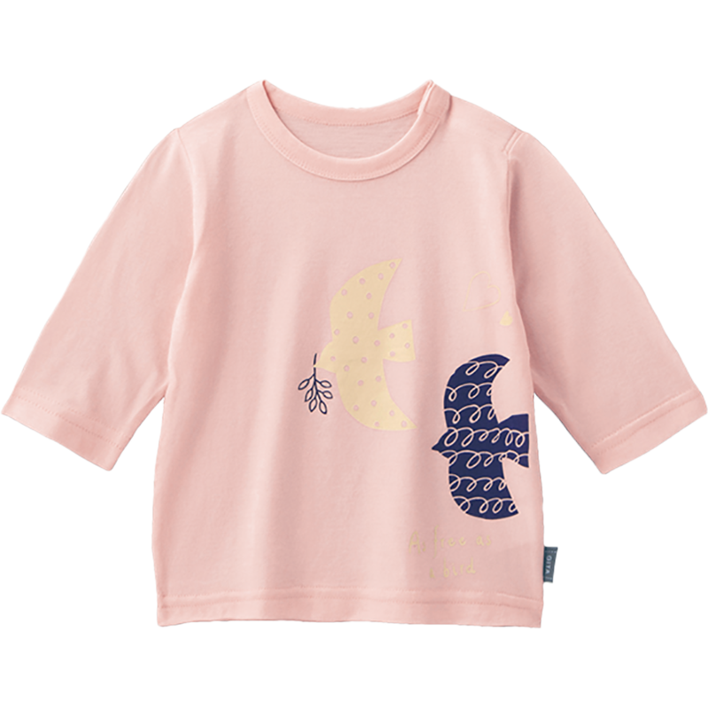 千趣会童装男童女童T恤春秋季时尚经典印花棉质七分袖儿童T恤 粉色(小鸟) 130cm