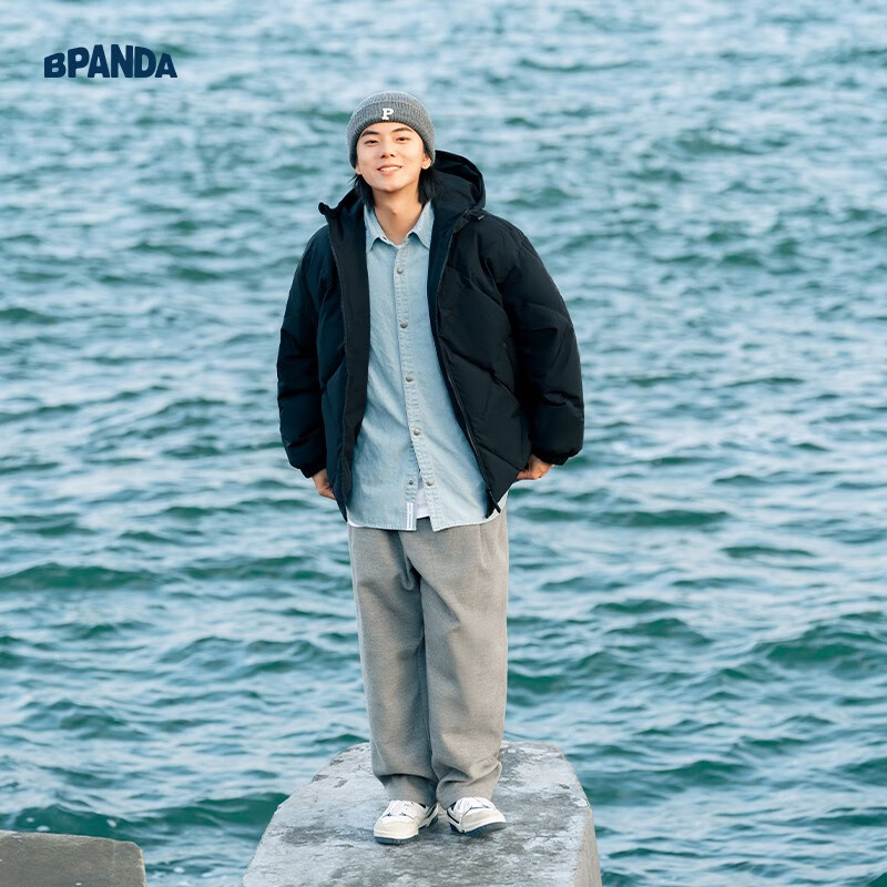 熊猫·本(ben.panda)连帽羽绒服男秋冬90%白鸭绒保暖面包服上衣多穿情侣外套 月夜黑 M