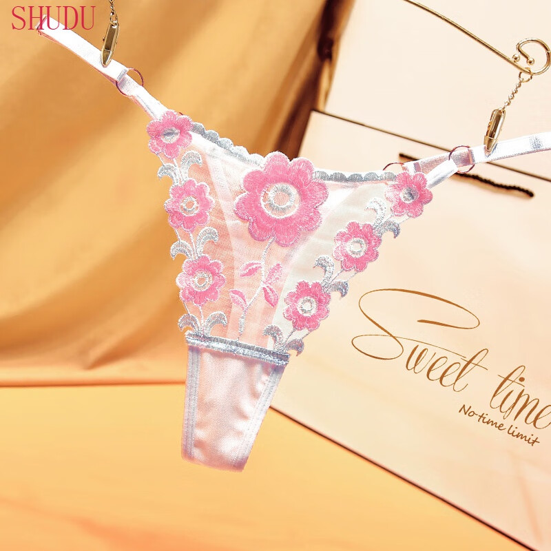舒杜(shudu)魅惑黑纱性感丁字裤女刺绣透气胖mm可调带女士大码内裤