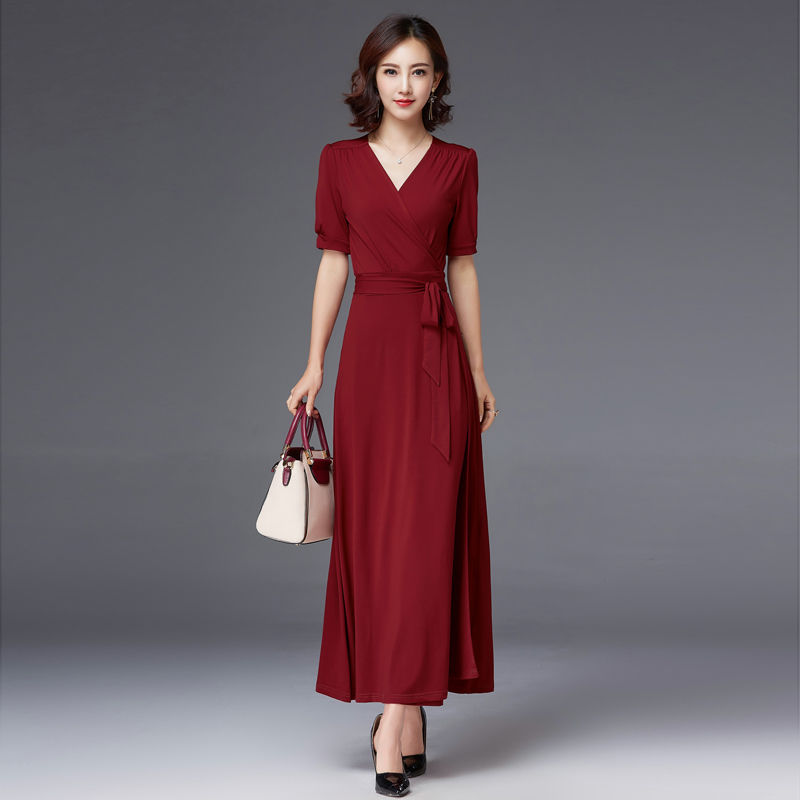 喜婆婆婚宴高貴喜慶服裝婚禮媽媽裝高檔禮服高貴新款裙子長款連衣裙夏裝婚禮宴會媽媽裝中年禮服過膝紅色長裙 酒紅色 短袖 2XL