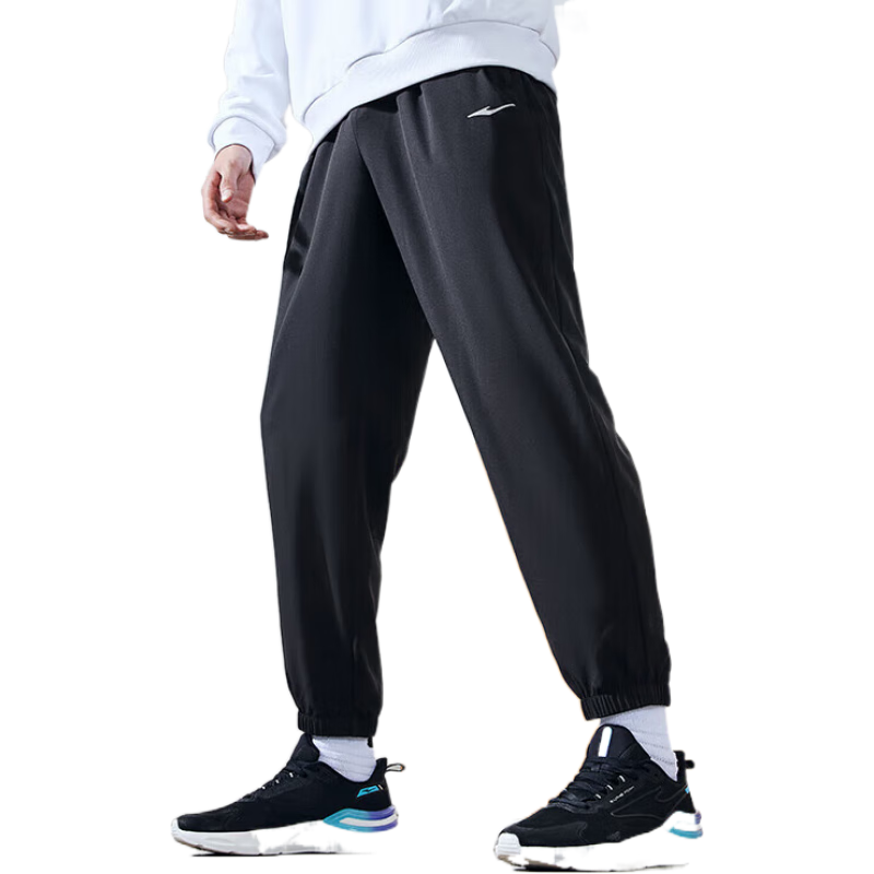 鸿星尔克运动裤男春季新款户外休闲跑步健身梭织长裤九分裤男裤男款 正黑 XL