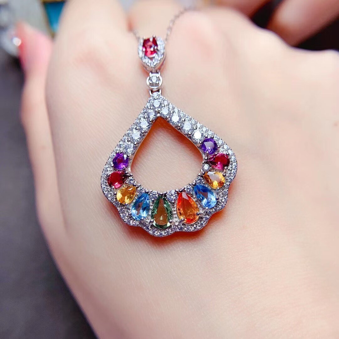 双盈喜撞色小清新百搭时尚新潮轻奢天然彩蓝宝吊坠925银镶嵌生日礼物