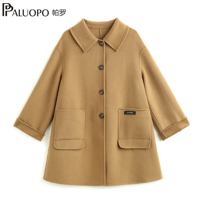 帕罗（PALUOPO）100%绵羊毛秋冬新款大衣女双面单排扣翻领法式纯色毛呢保暖外套 咖驼 M 160/84A