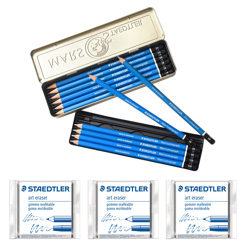 施德樓(STAEDTLER) 100藍桿 100B黑桿 100C 炭筆組合 施德樓素描鉛筆組合100 藍桿戰神+可塑橡皮組